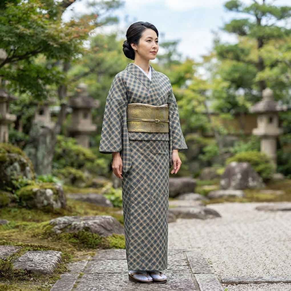 小紋 リサイクル着物 身丈160cm 裄68cm 前幅24.5cm 後幅28cm 袖丈48cm 袖幅35cm レディース 袷 連続模様 裄長 裄Lサイズ 秋冬春用 正絹（シルク）グリーン 美品 リメイク リユース【ランクA】