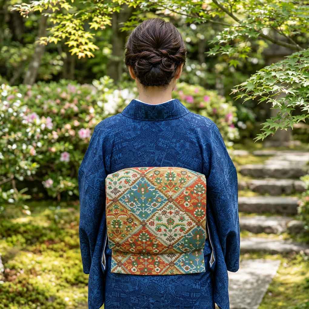 名古屋帯 リサイクル帯 幅30.5cm 長さ363cm レディース 花柄 秋冬春用 正絹（シルク）グリーン 美品 リメイク リユース【ランクA】
