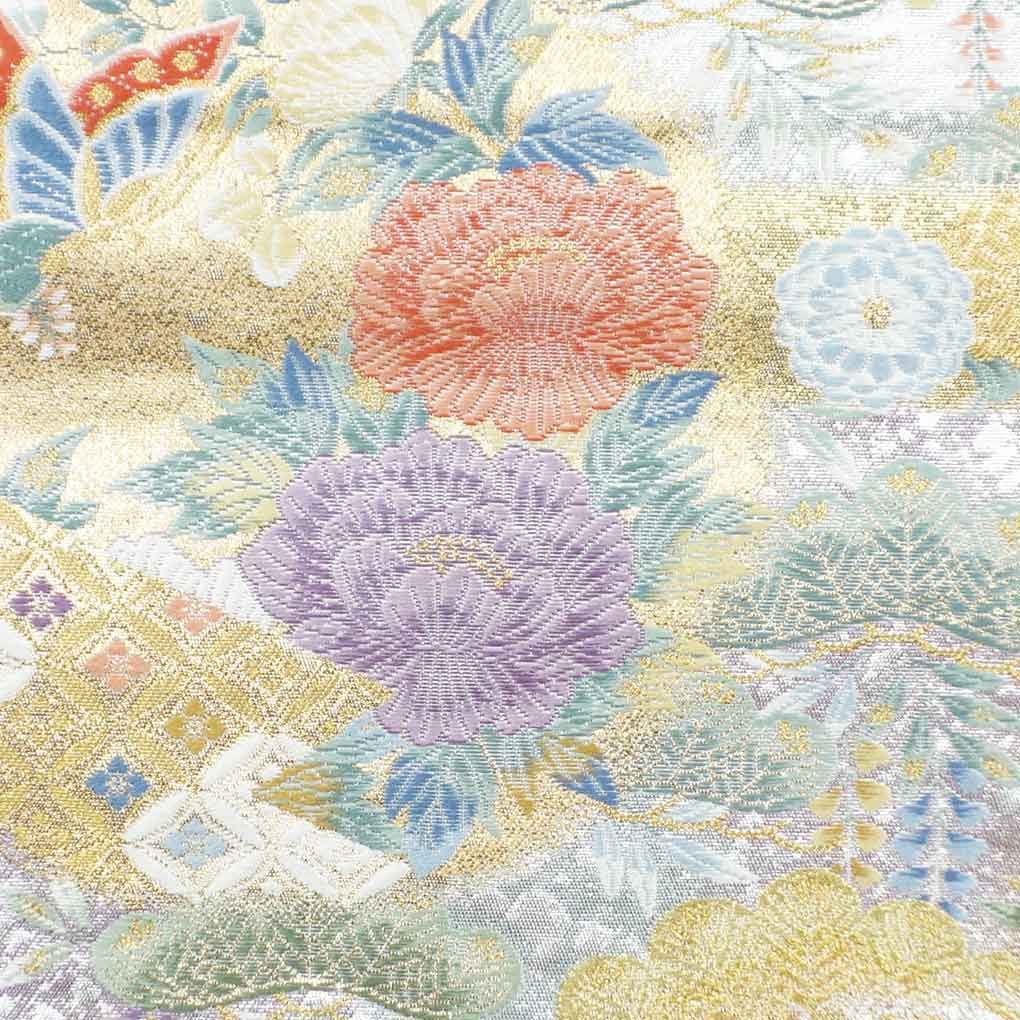 袋帯 リサイクル帯 幅30.5cm 長さ435cm レディース 花柄 秋冬春用 正絹（シルク）シルバー 美品 リメイク リユース【ランクA】
