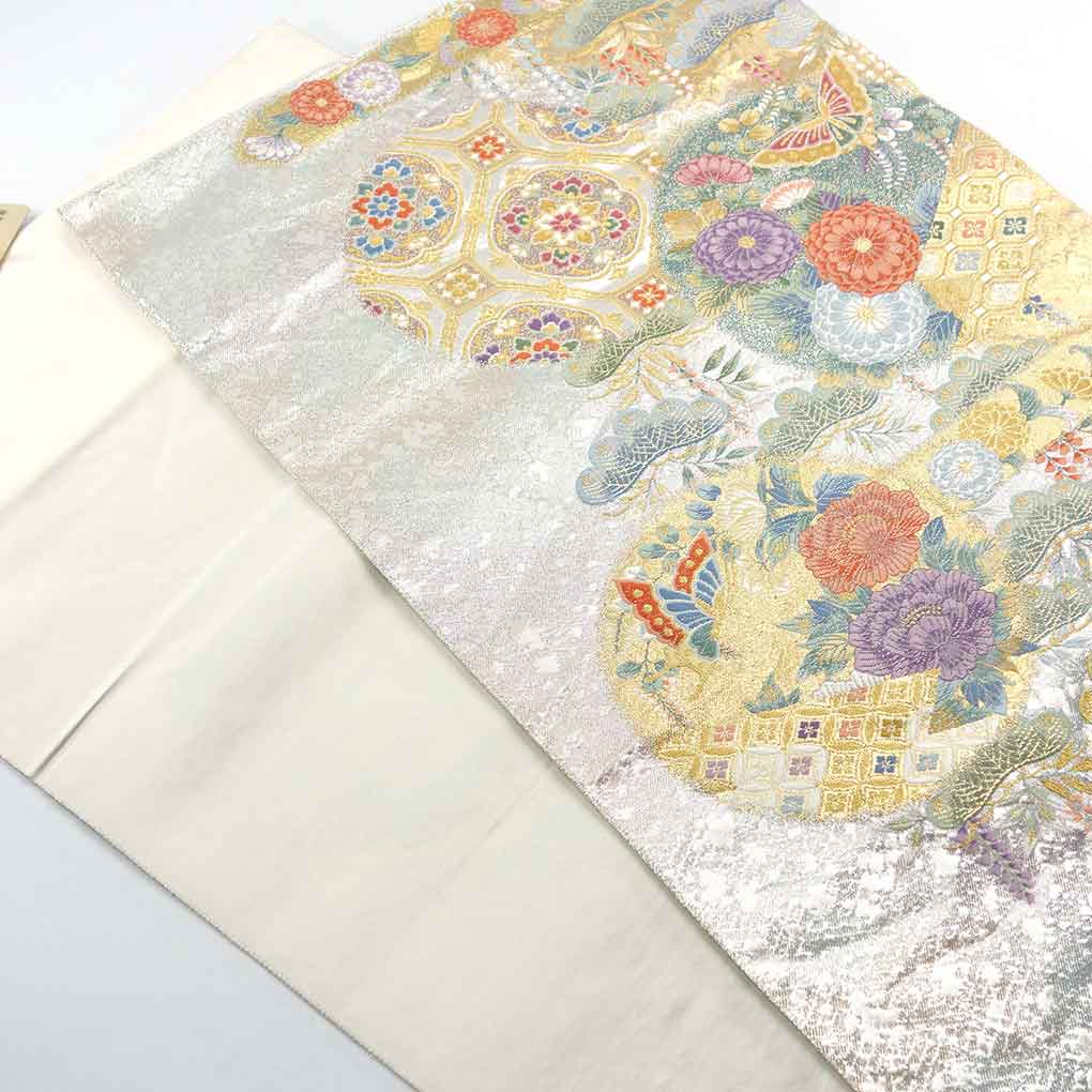 袋帯 リサイクル帯 幅30.5cm 長さ435cm レディース 花柄 秋冬春用 正絹（シルク）シルバー 美品 リメイク リユース【ランクA】