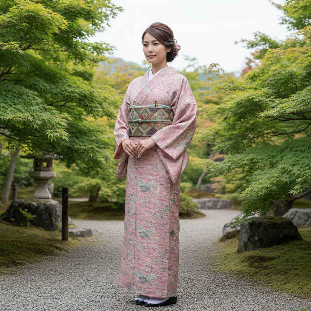 紬 リサイクル着物 身丈155cm 裄63cm 前幅23.5cm 後幅29cm 袖丈49cm 袖幅32cm レディース 袷 四季の花柄 裄Mサイズ 秋冬春用 正絹（シルク）ピンク 未使用品 リメイク リユース【ランクS】