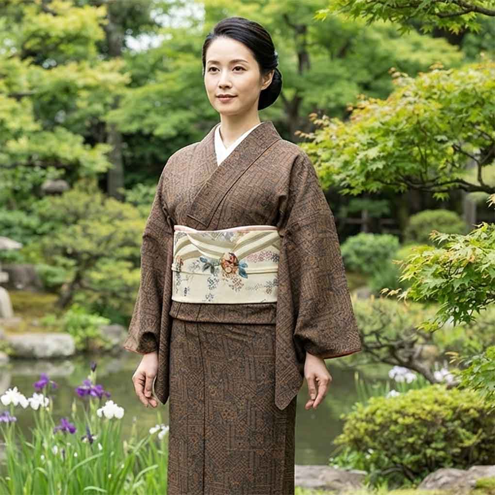 紬 リサイクル着物 身丈164cm 裄65cm 前幅23.5cm 後幅30.5cm 袖丈49cm 袖幅32.5cm レディース 袷 花柄 裄Mサイズ 秋冬春用 正絹（シルク）ブラウン トールサイズ 未使用品 リメイク リユース【ランクS】