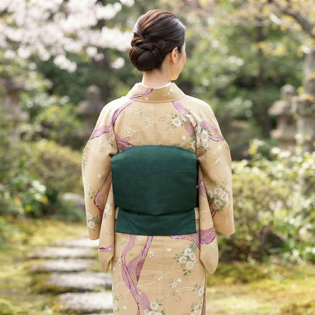 名古屋帯 リサイクル帯 幅31cm 長さ345cm レディース 無地 秋冬春用 正絹(シルク)グリーン 美品 リメイク リユース【ランクA】