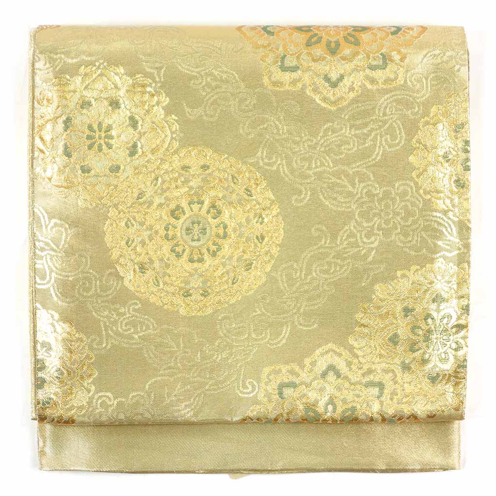 袋帯 リサイクル帯 幅30.5cm 長さ444cm レディース 正倉院文様 秋冬春用 正絹（シルク）ゴールド 未使用品 リメイク リユース【ランクS】