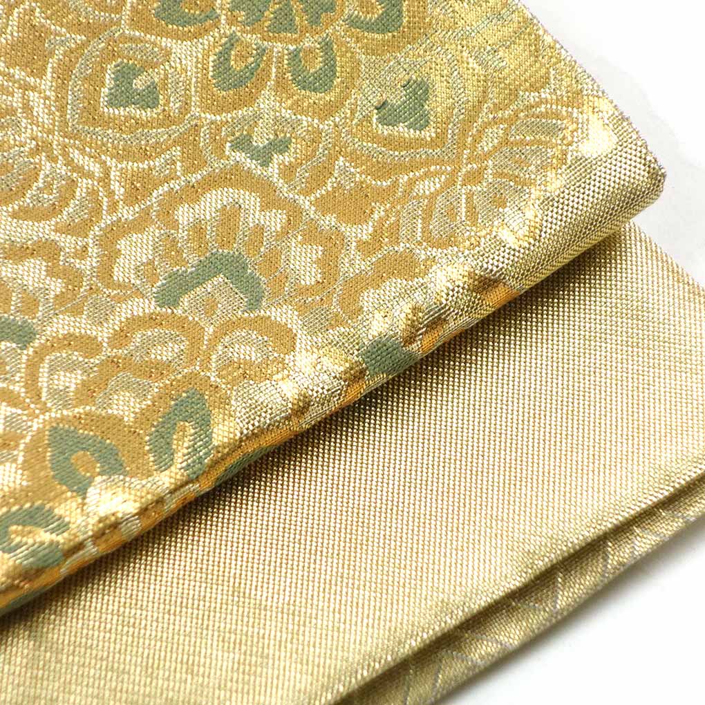 袋帯 リサイクル帯 幅30.5cm 長さ444cm レディース 正倉院文様 秋冬春用 正絹（シルク）ゴールド 未使用品 リメイク リユース【ランクS】