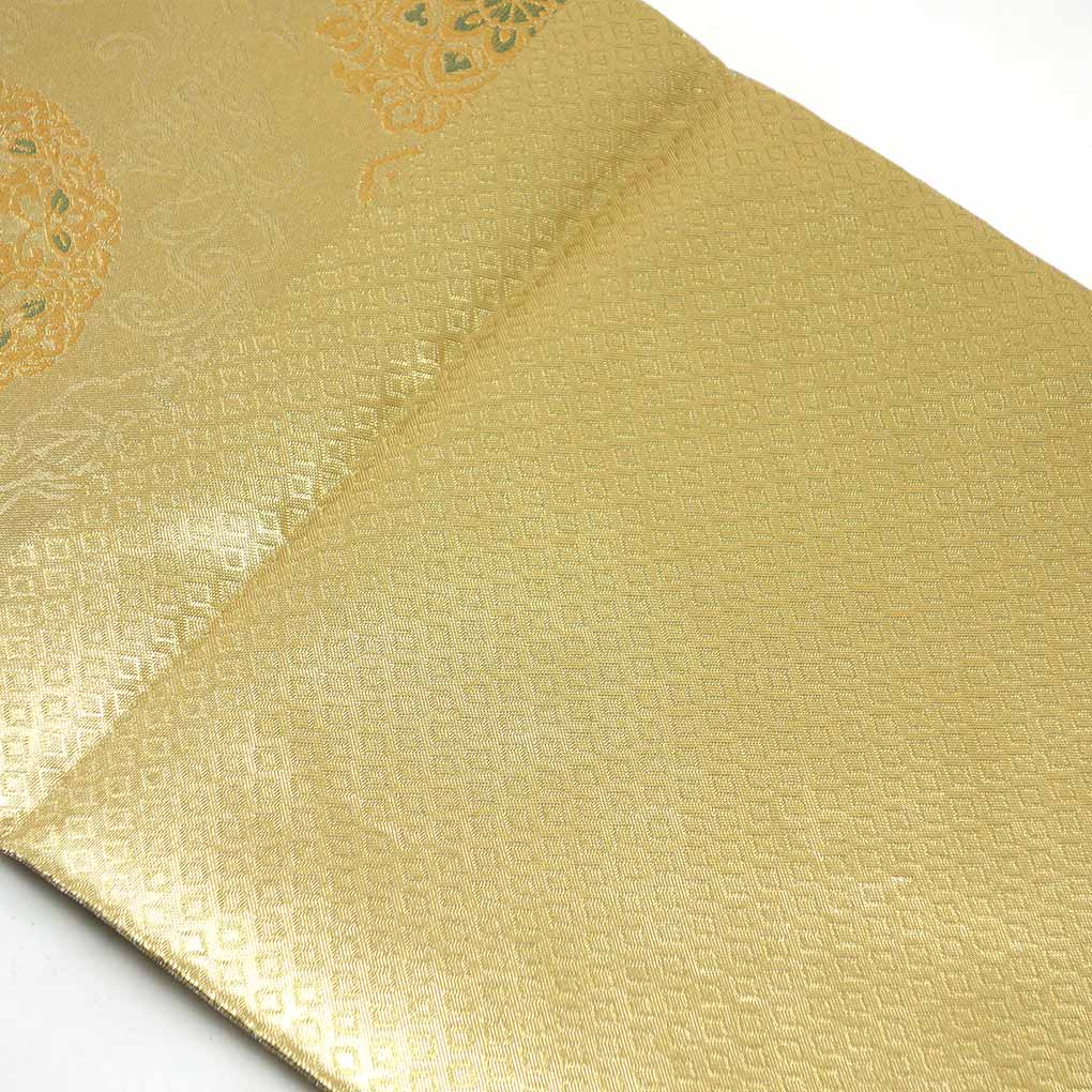 袋帯 リサイクル帯 幅30.5cm 長さ444cm レディース 正倉院文様 秋冬春用 正絹（シルク）ゴールド 未使用品 リメイク リユース【ランクS】