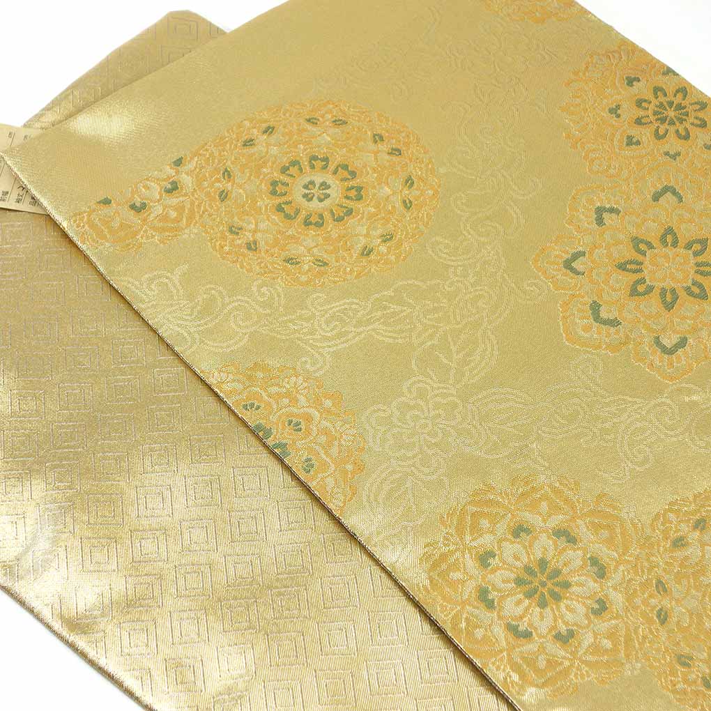 袋帯 リサイクル帯 幅30.5cm 長さ444cm レディース 正倉院文様 秋冬春用 正絹（シルク）ゴールド 未使用品 リメイク リユース【ランクS】