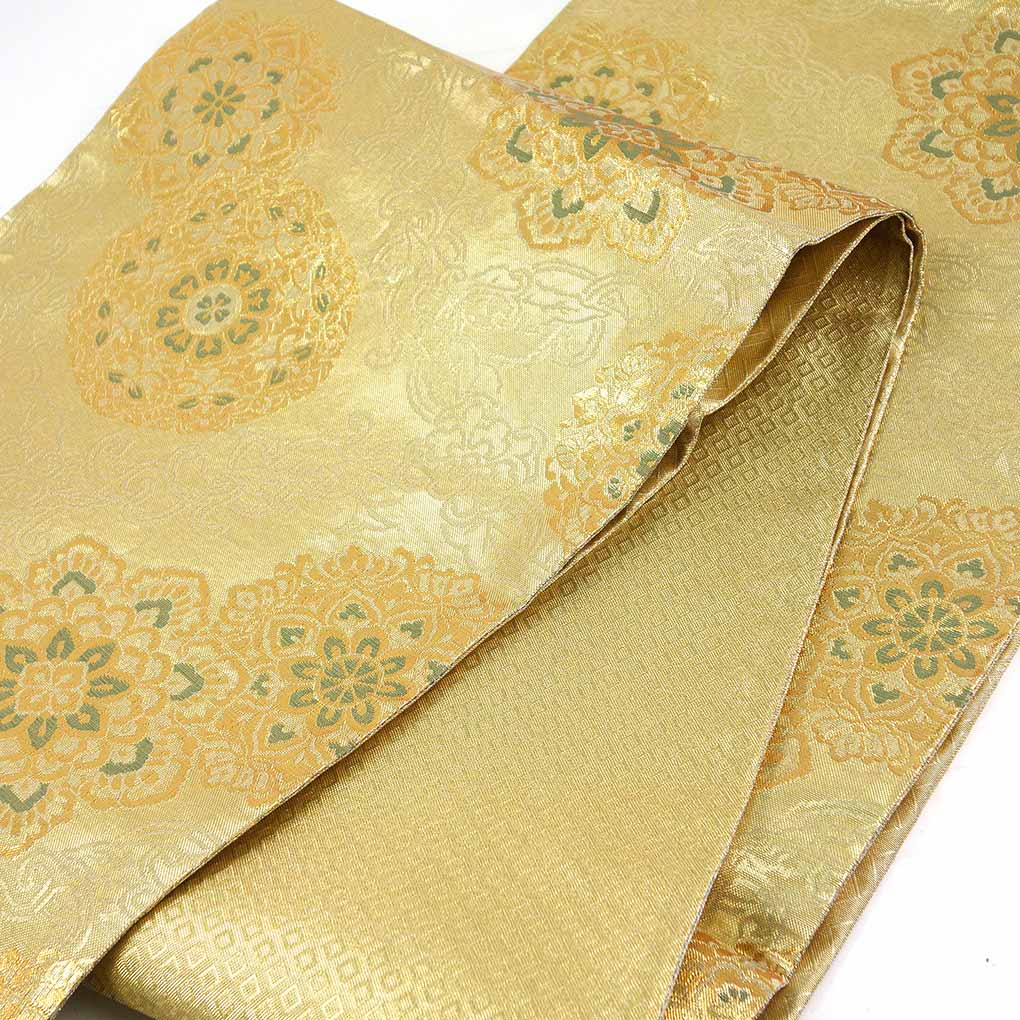 袋帯 リサイクル帯 幅30.5cm 長さ444cm レディース 正倉院文様 秋冬春用 正絹（シルク）ゴールド 未使用品 リメイク リユース【ランクS】
