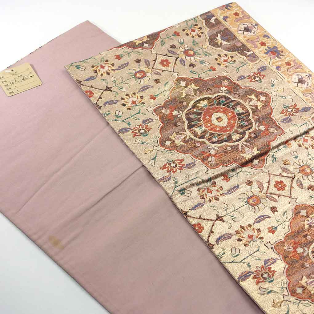 袋帯 リサイクル帯 幅30.5cm 長さ430cm レディース 連続模様 秋冬春用 正絹（シルク）ゴールド やや難 リメイク リユース【ランクB】