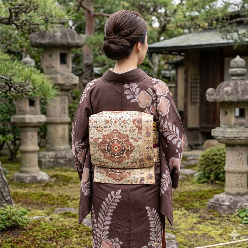 袋帯 リサイクル帯 幅30.5cm 長さ430cm レディース 連続模様 秋冬春用 正絹（シルク）ゴールド やや難 リメイク リユース【ランクB】