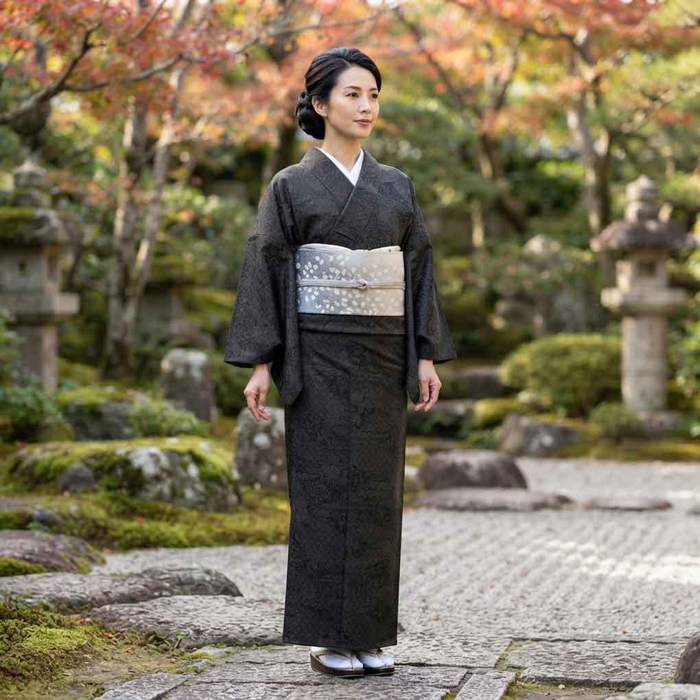 紬 リサイクル着物 身丈156cm 裄65cm 前幅22.5cm 後幅28.5cm 袖丈47cm 袖幅33cm レディース 袷 連続模様 裄Mサイズ 秋冬春用 正絹（シルク）ブラック 未使用品 大島紬 リメイク リユース【ランクS】