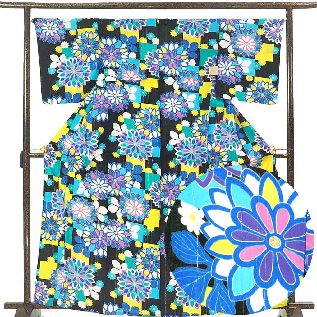 浴衣 リサイクル着物 身丈165cm 裄67cm 前幅24cm 後幅31cm 袖丈48cm 袖幅34cm レディース 花柄 裄長 裄Lサイズ 夏用 木綿 ブラック トールサイズ 未使用品 リメイク リユース【ランクS】