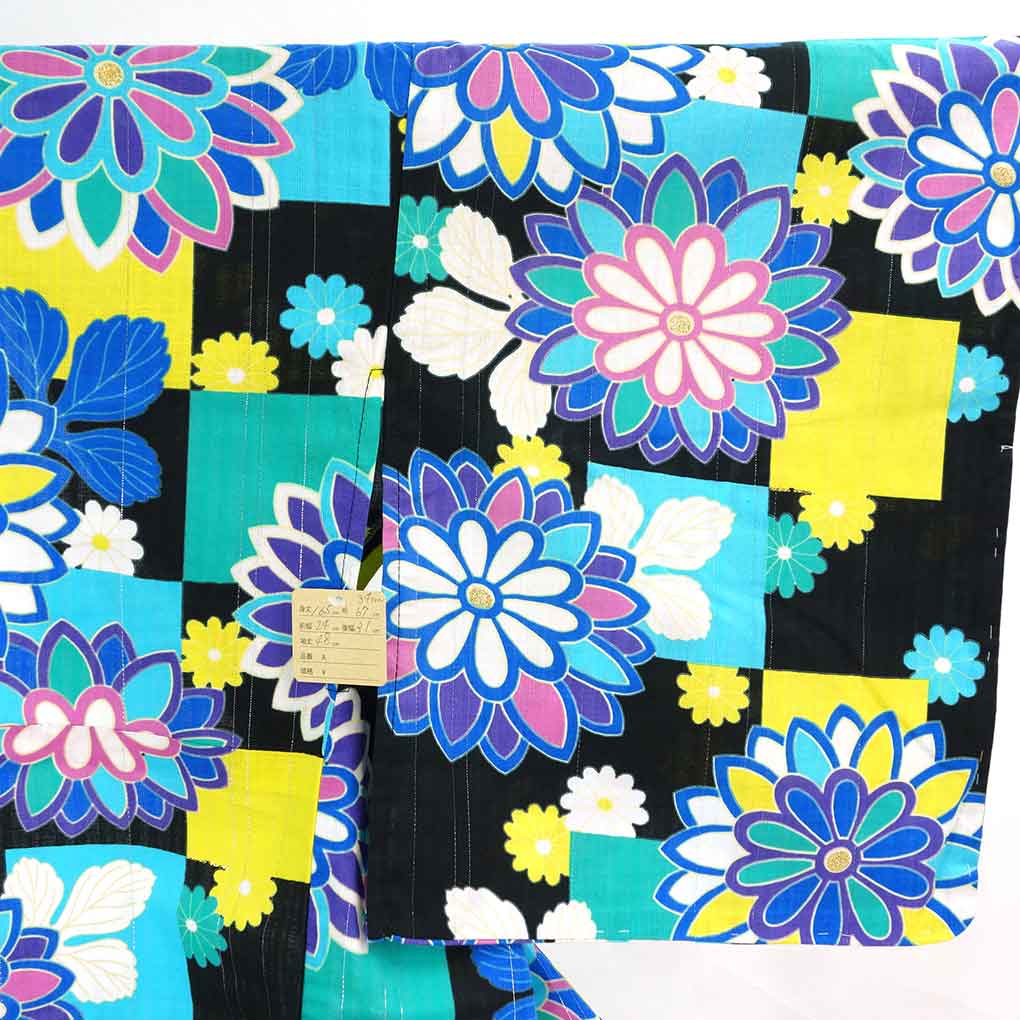 浴衣 リサイクル着物 身丈165cm 裄67cm 前幅24cm 後幅31cm 袖丈48cm 袖幅34cm レディース 花柄 裄長 裄Lサイズ 夏用 木綿 ブラック トールサイズ 未使用品 リメイク リユース【ランクS】