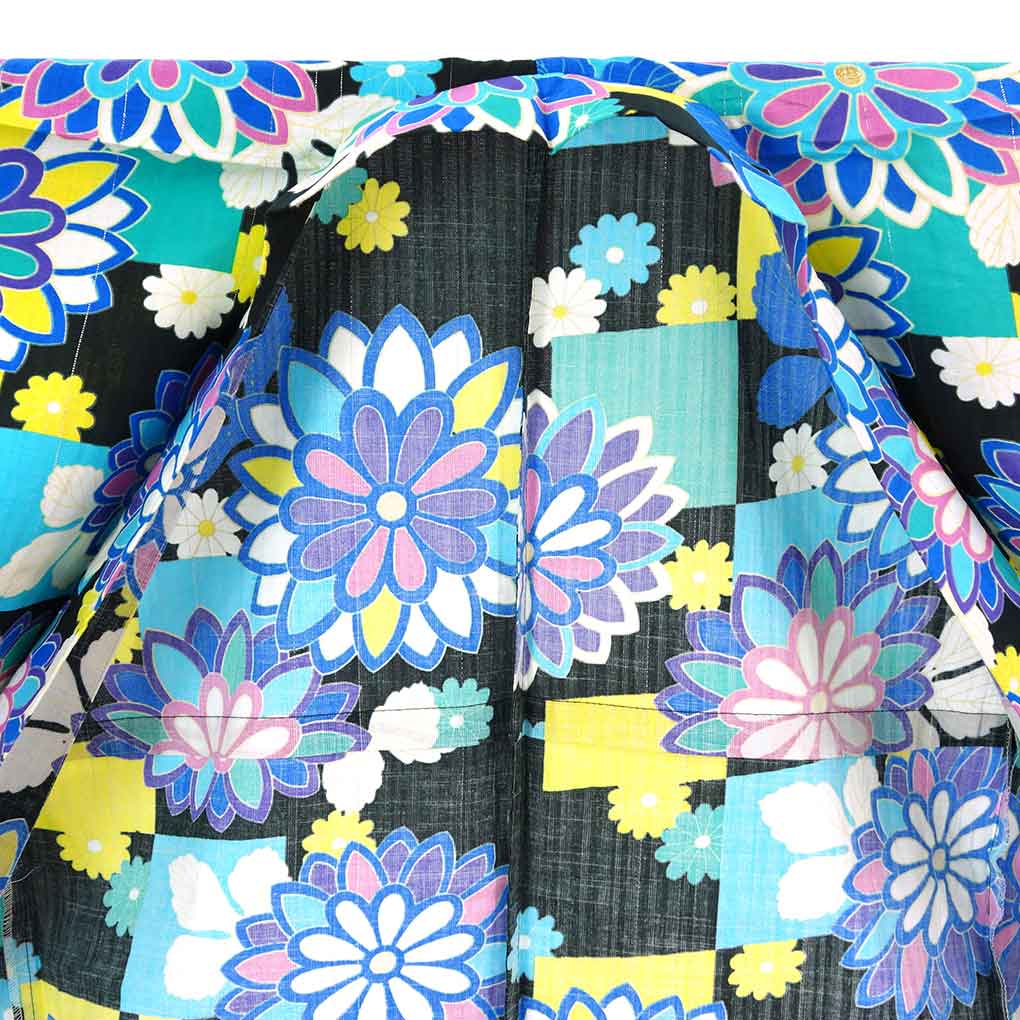 浴衣 リサイクル着物 身丈165cm 裄67cm 前幅24cm 後幅31cm 袖丈48cm 袖幅34cm レディース 花柄 裄長 裄Lサイズ 夏用 木綿 ブラック トールサイズ 未使用品 リメイク リユース【ランクS】