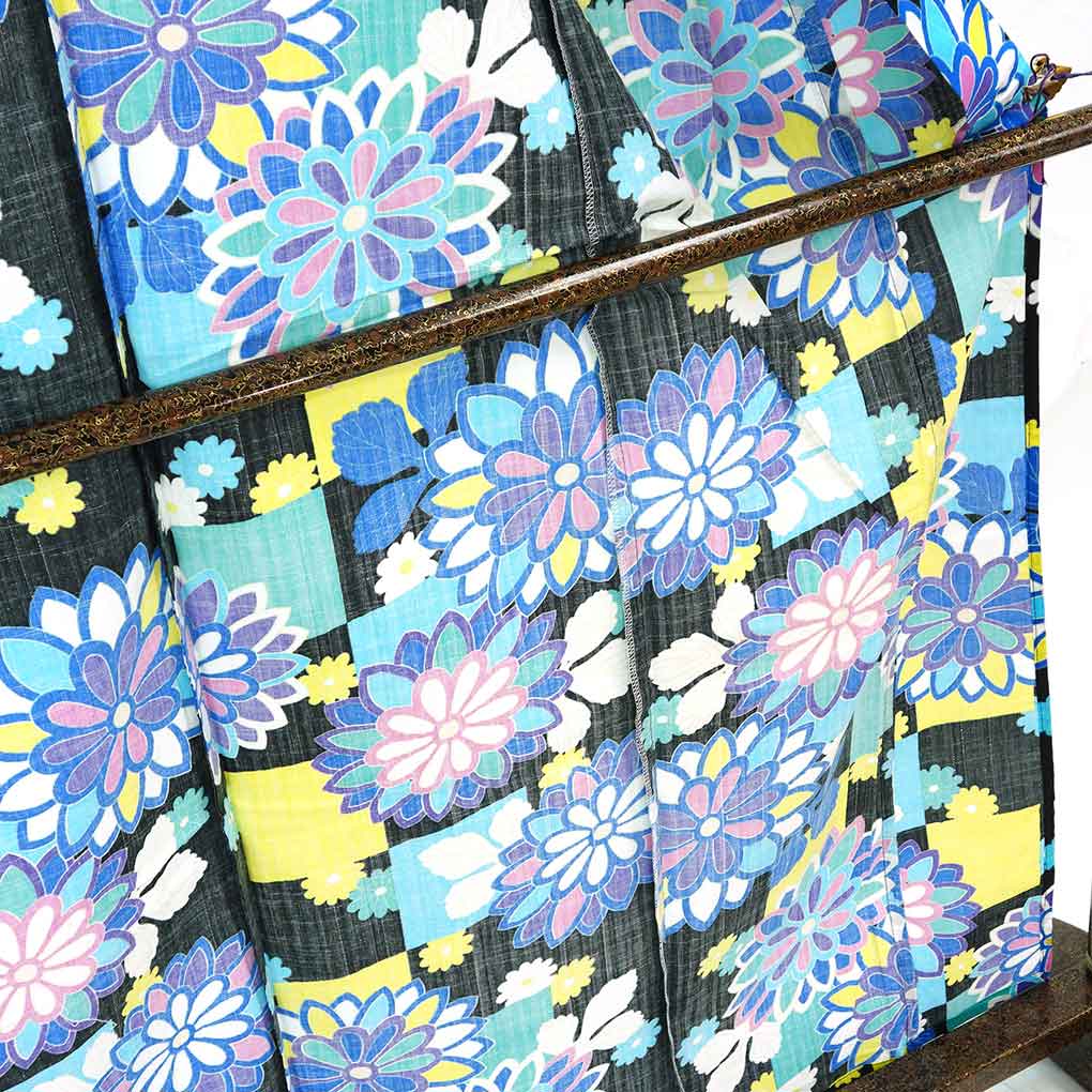 浴衣 リサイクル着物 身丈165cm 裄67cm 前幅24cm 後幅31cm 袖丈48cm 袖幅34cm レディース 花柄 裄長 裄Lサイズ 夏用 木綿 ブラック トールサイズ 未使用品 リメイク リユース【ランクS】