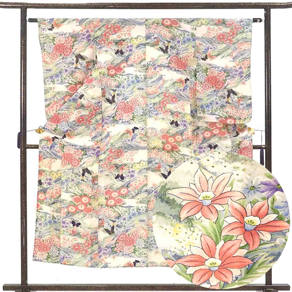 小紋 リサイクル着物 身丈152cm 裄62cm 前幅23cm 後幅30cm 袖丈63cm 袖幅31.5cm レディース 単衣 花柄 裄Sサイズ 初夏・初秋用 正絹(シルク)ホワイト 難有り リメイク リユース【ランクC】