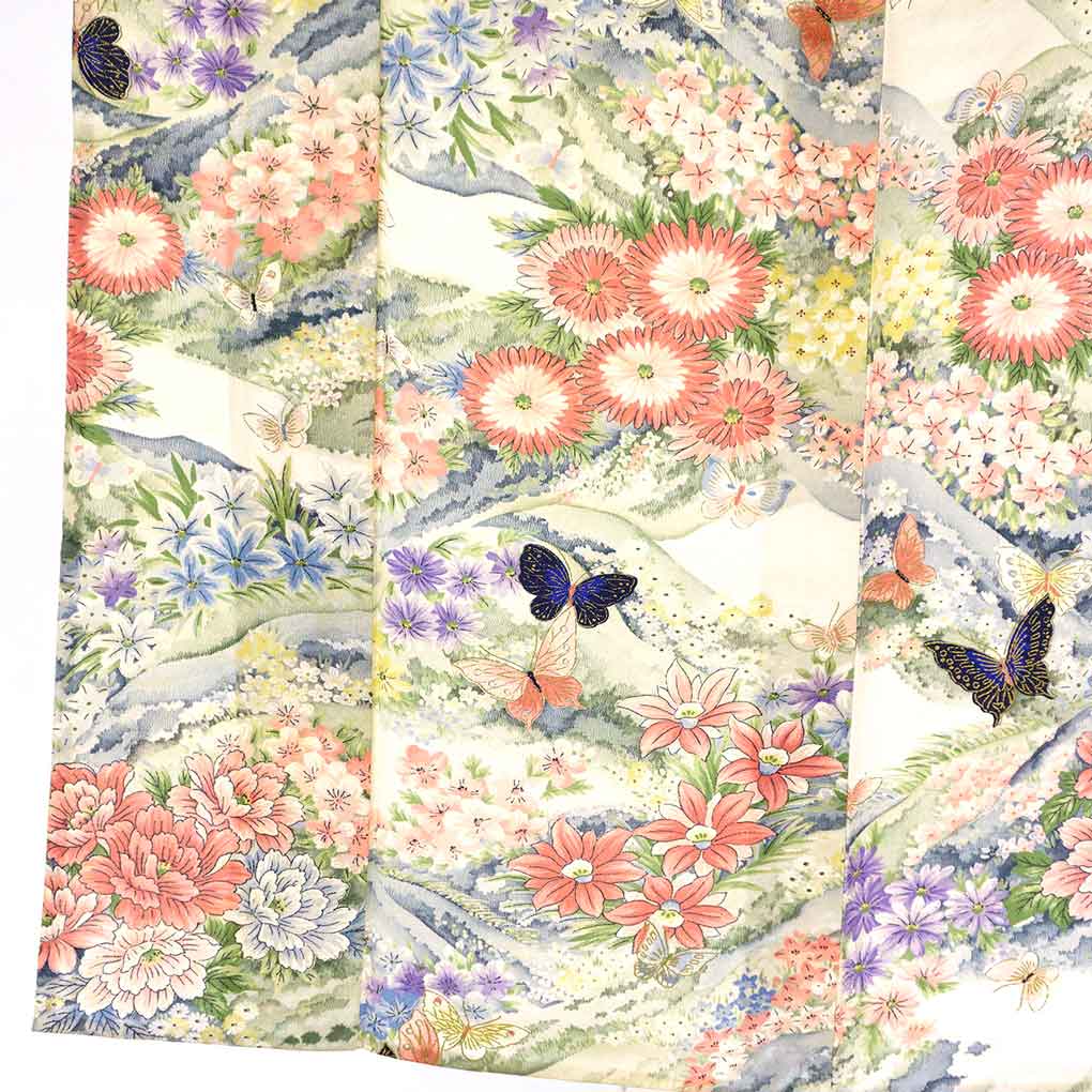 小紋 リサイクル着物 身丈152cm 裄62cm 前幅23cm 後幅30cm 袖丈63cm 袖幅31.5cm レディース 単衣 花柄 裄Sサイズ 初夏・初秋用 正絹(シルク)ホワイト 難有り リメイク リユース【ランクC】