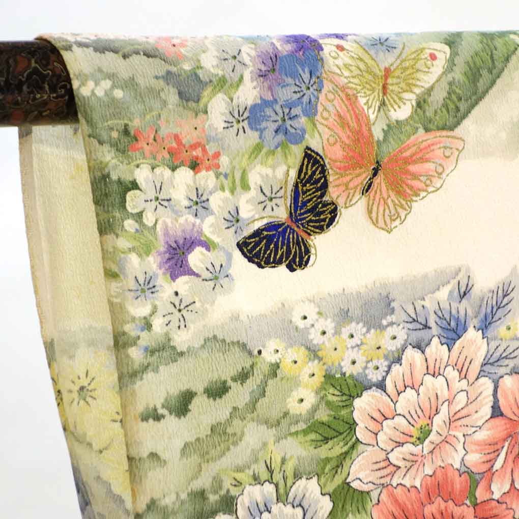 小紋 リサイクル着物 身丈152cm 裄62cm 前幅23cm 後幅30cm 袖丈63cm 袖幅31.5cm レディース 単衣 花柄 裄Sサイズ 初夏・初秋用 正絹(シルク)ホワイト 難有り リメイク リユース【ランクC】