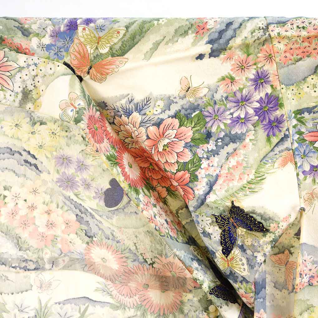 小紋 リサイクル着物 身丈152cm 裄62cm 前幅23cm 後幅30cm 袖丈63cm 袖幅31.5cm レディース 単衣 花柄 裄Sサイズ 初夏・初秋用 正絹(シルク)ホワイト 難有り リメイク リユース【ランクC】