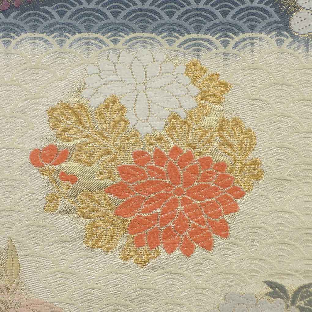 袋帯 リサイクル帯 幅30.5cm 長さ437cm レディース 花丸紋 秋冬春用 正絹（シルク）ネイビー 美品 リメイク リユース【ランクA】