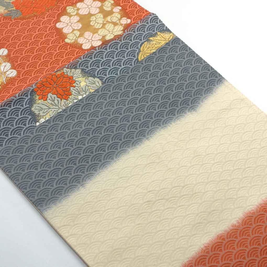 袋帯 リサイクル帯 幅30.5cm 長さ437cm レディース 花丸紋 秋冬春用 正絹（シルク）ネイビー 美品 リメイク リユース【ランクA】