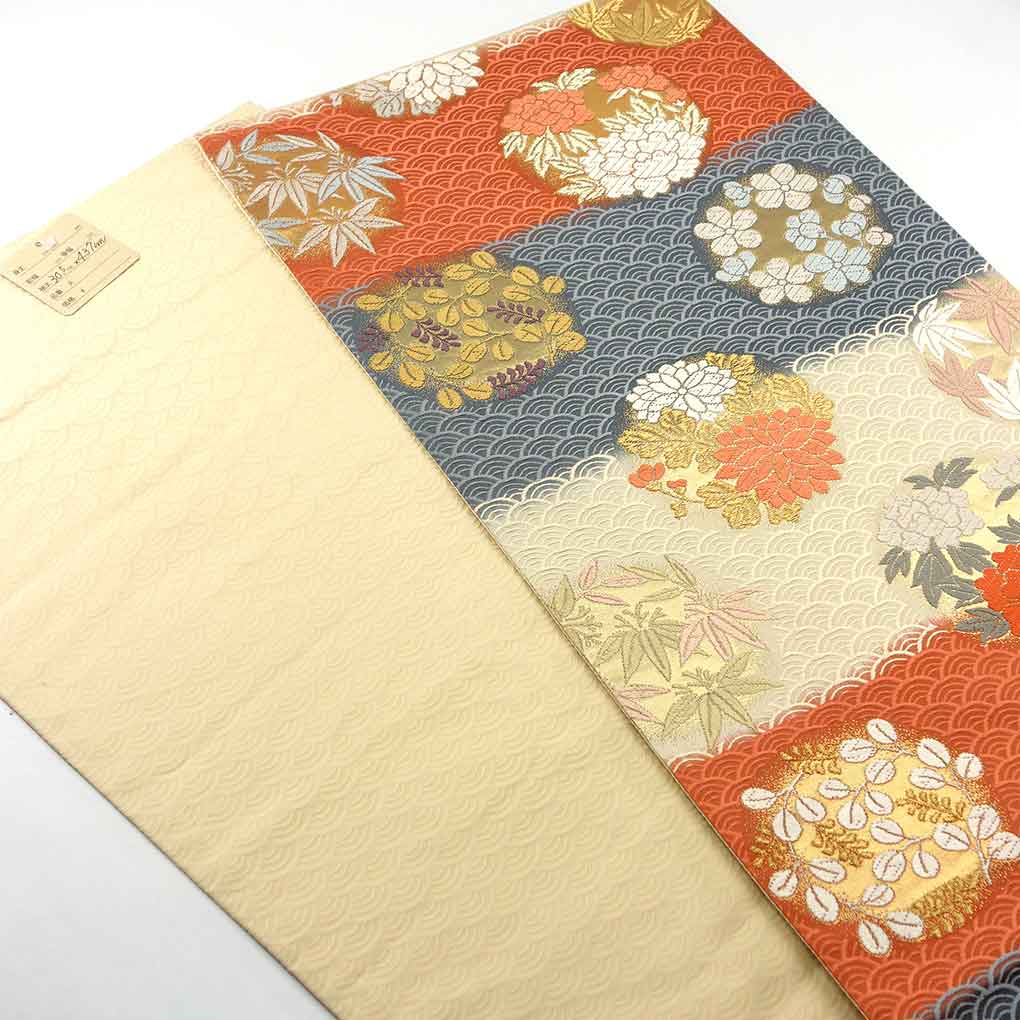 袋帯 リサイクル帯 幅30.5cm 長さ437cm レディース 花丸紋 秋冬春用 正絹（シルク）ネイビー 美品 リメイク リユース【ランクA】