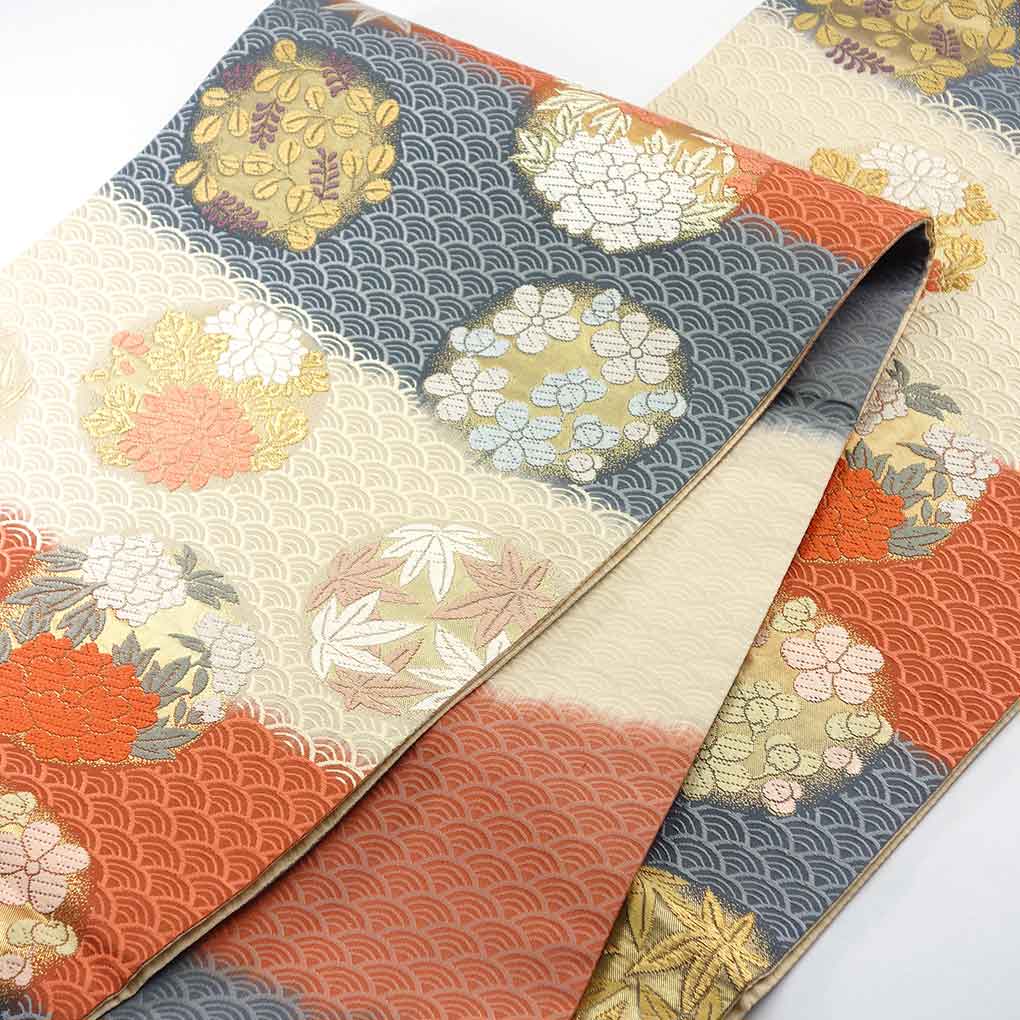 袋帯 リサイクル帯 幅30.5cm 長さ437cm レディース 花丸紋 秋冬春用 正絹（シルク）ネイビー 美品 リメイク リユース【ランクA】