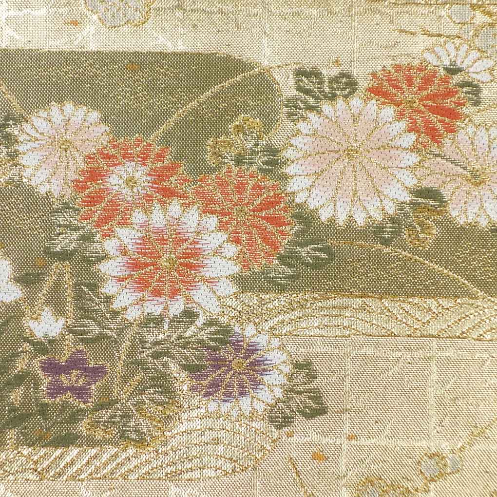 袋帯 リサイクル帯 幅30.5cm 長さ425cm レディース 花柄 秋冬春用 正絹（シルク）ゴールド 美品 リメイク リユース【ランクA】