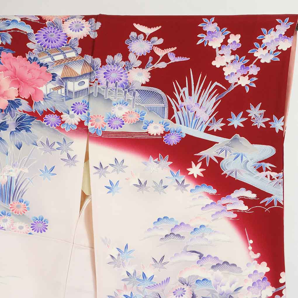 リサイクル着物 振袖 赤地 花柄 袷 正絹 着物 レディース 秋冬春用 シルク レッド 裄Mサイズ リユース身丈161cm 裄65cm 前幅24cm 後幅29cm 袖丈105cm【ランクB】