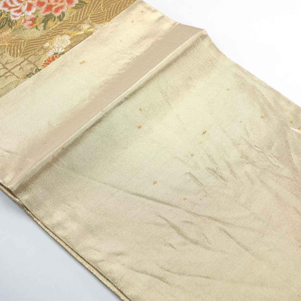 袋帯 リサイクル帯 幅30.5cm 長さ425cm レディース 花柄 秋冬春用 正絹（シルク）ゴールド 美品 リメイク リユース【ランクA】