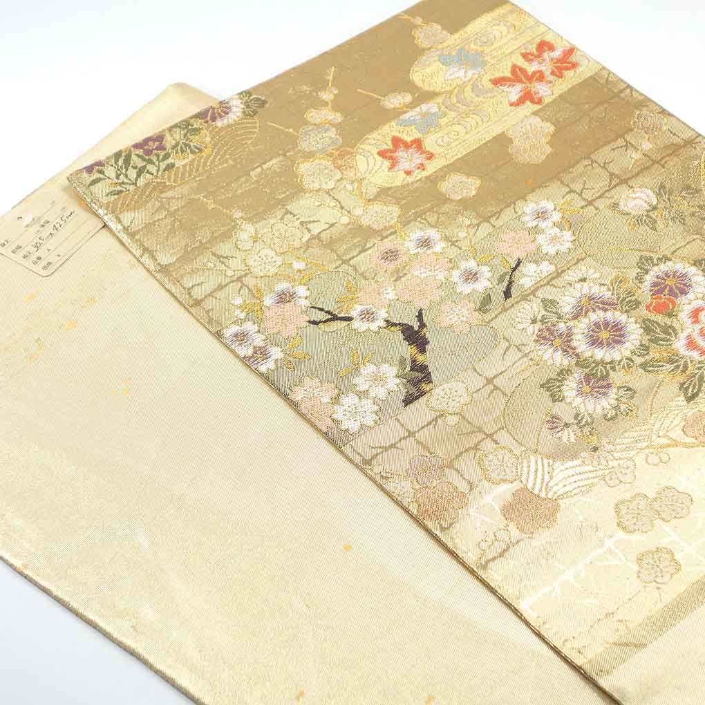 袋帯 リサイクル帯 幅30.5cm 長さ425cm レディース 花柄 秋冬春用 正絹（シルク）ゴールド 美品 リメイク リユース【ランクA】