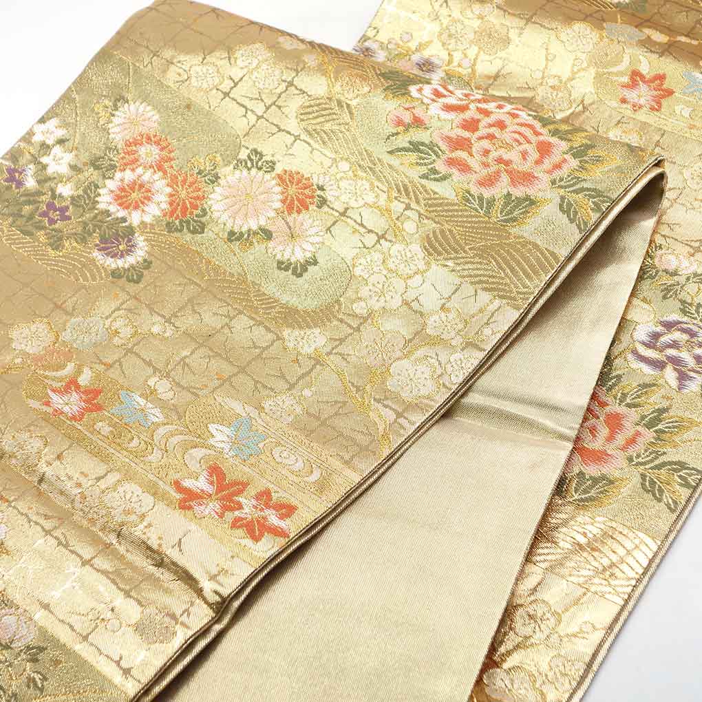 袋帯 リサイクル帯 幅30.5cm 長さ425cm レディース 花柄 秋冬春用 正絹（シルク）ゴールド 美品 リメイク リユース【ランクA】