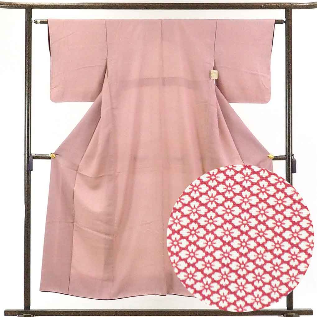 リサイクル着物 小紋正絹赤紫地花菱模様袷江戸小紋着物 レディース 秋冬春用 シルク レッド 裄SSサイズ身丈154cm 裄60cm 前幅23cm 後幅30cm 袖丈46cm【ランクB】