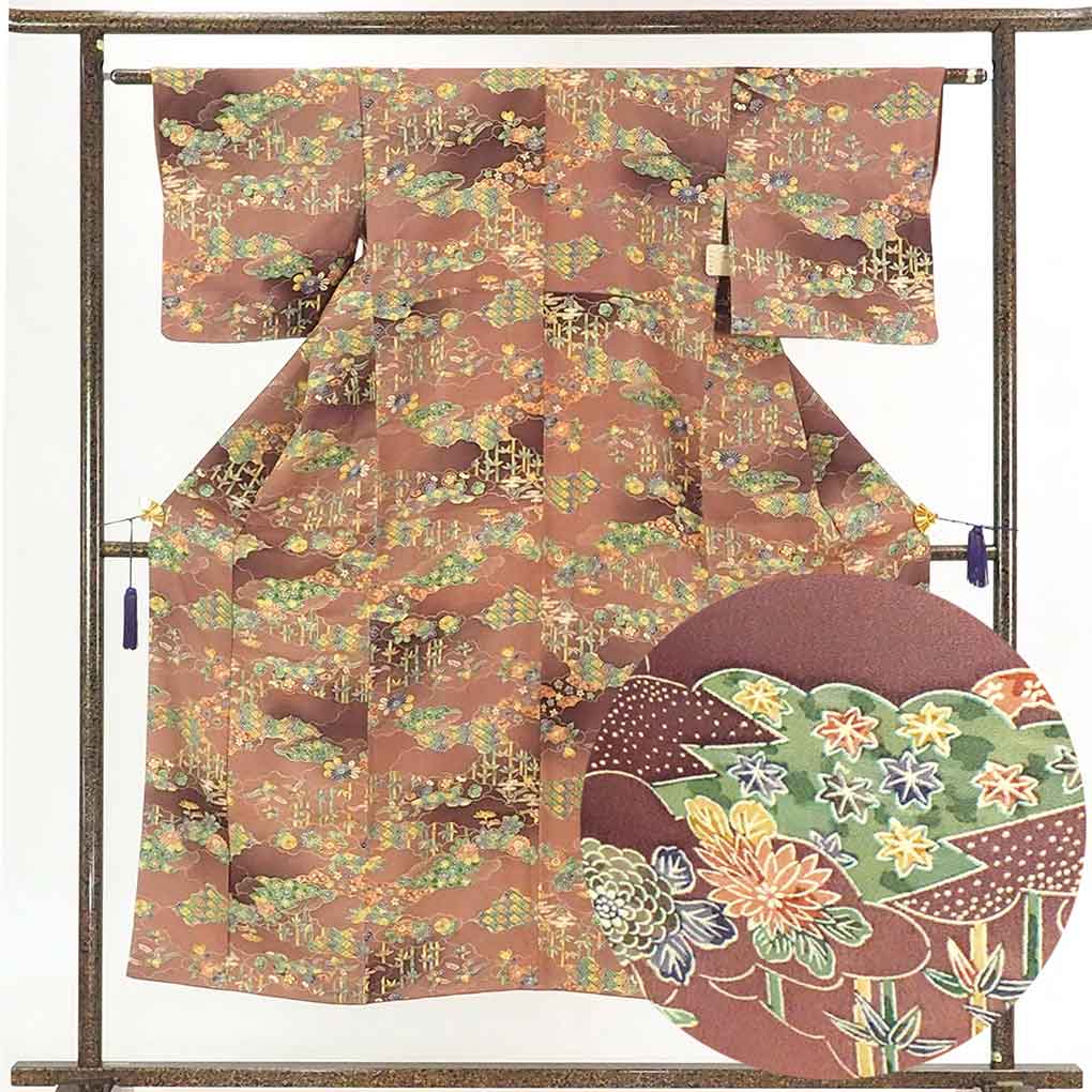 リサイクル 小紋 茶色地 花柄 袷 正絹 着物 レディース 秋冬春用 シルク ブラウン 裄SSサイズ身丈149cm 裄60cm 前幅22.5cm 後幅27cm 袖丈45cm【ランクA】