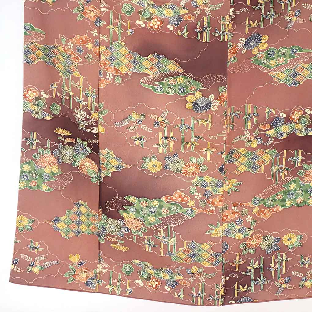 リサイクル 小紋 茶色地 花柄 袷 正絹 着物 レディース 秋冬春用 シルク ブラウン 裄SSサイズ身丈149cm 裄60cm 前幅22.5cm 後幅27cm 袖丈45cm【ランクA】