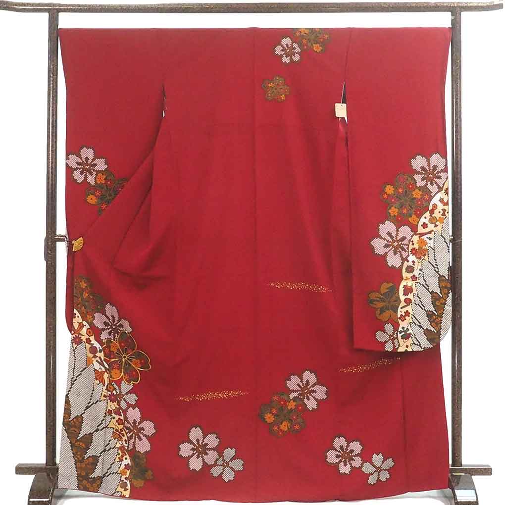 振袖 リサイクル着物 身丈171cm 裄69cm 前幅25cm 後幅30cm 袖丈114cm 袖幅34.5cm レディース 袷 桜 裄長 裄L-LLサイズ 秋冬春用 正絹（シルク）レッド トールサイズ 美品 リメイク リユース【ランクA】