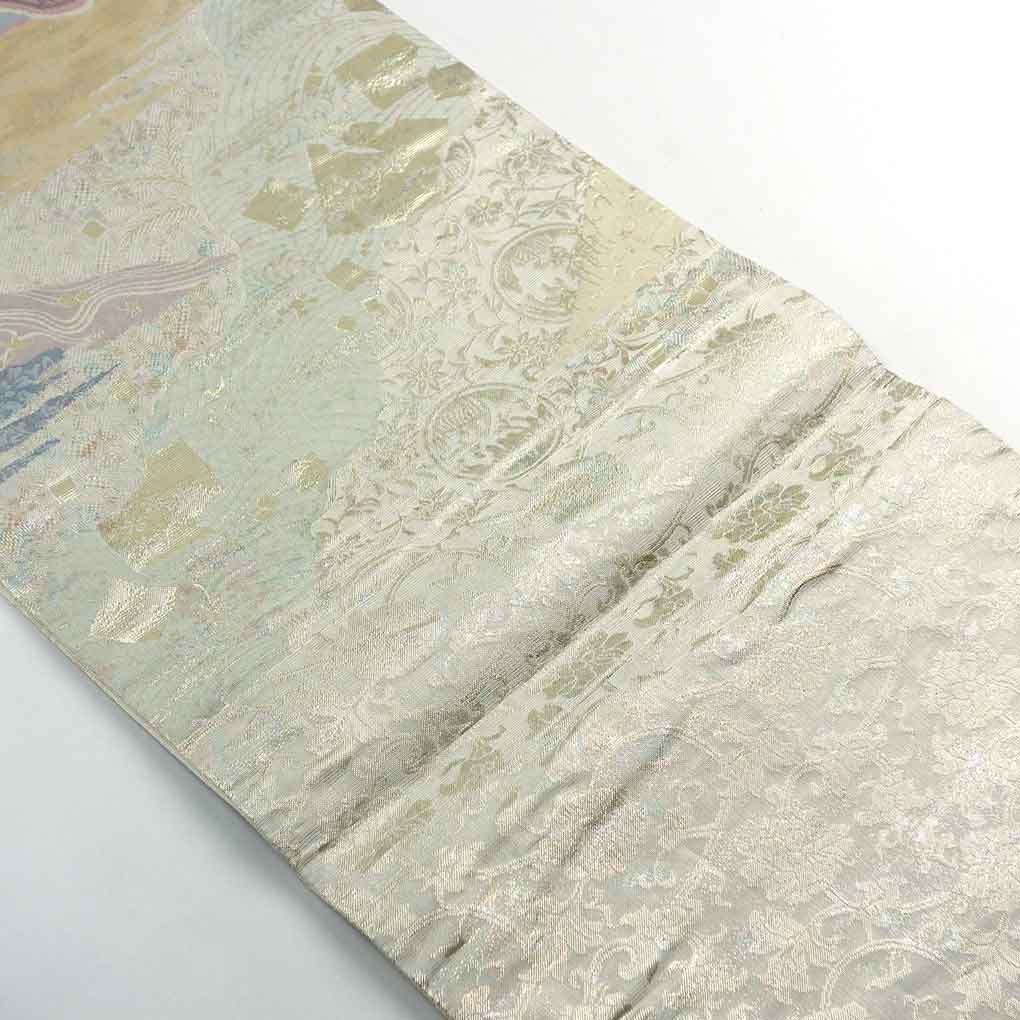 袋帯 リサイクル帯 幅31cm 長さ440cm レディース 遠山 秋冬春用 正絹（シルク）シルバー 美品 リメイク リユース【ランクA】