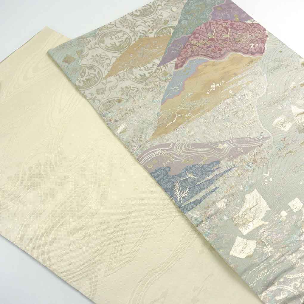 袋帯 リサイクル帯 幅31cm 長さ440cm レディース 遠山 秋冬春用 正絹（シルク）シルバー 美品 リメイク リユース【ランクA】