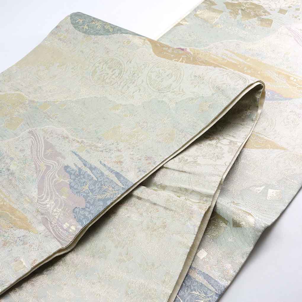 袋帯 リサイクル帯 幅31cm 長さ440cm レディース 遠山 秋冬春用 正絹（シルク）シルバー 美品 リメイク リユース【ランクA】