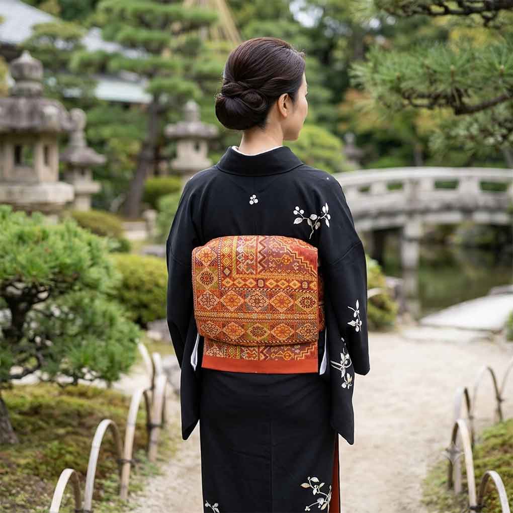名古屋帯 リサイクル帯 幅30.5cm 長さ372cm レディース 抽象柄 秋冬春用 正絹(シルク)オレンジ 美品 リメイク リユース【ランクA】
