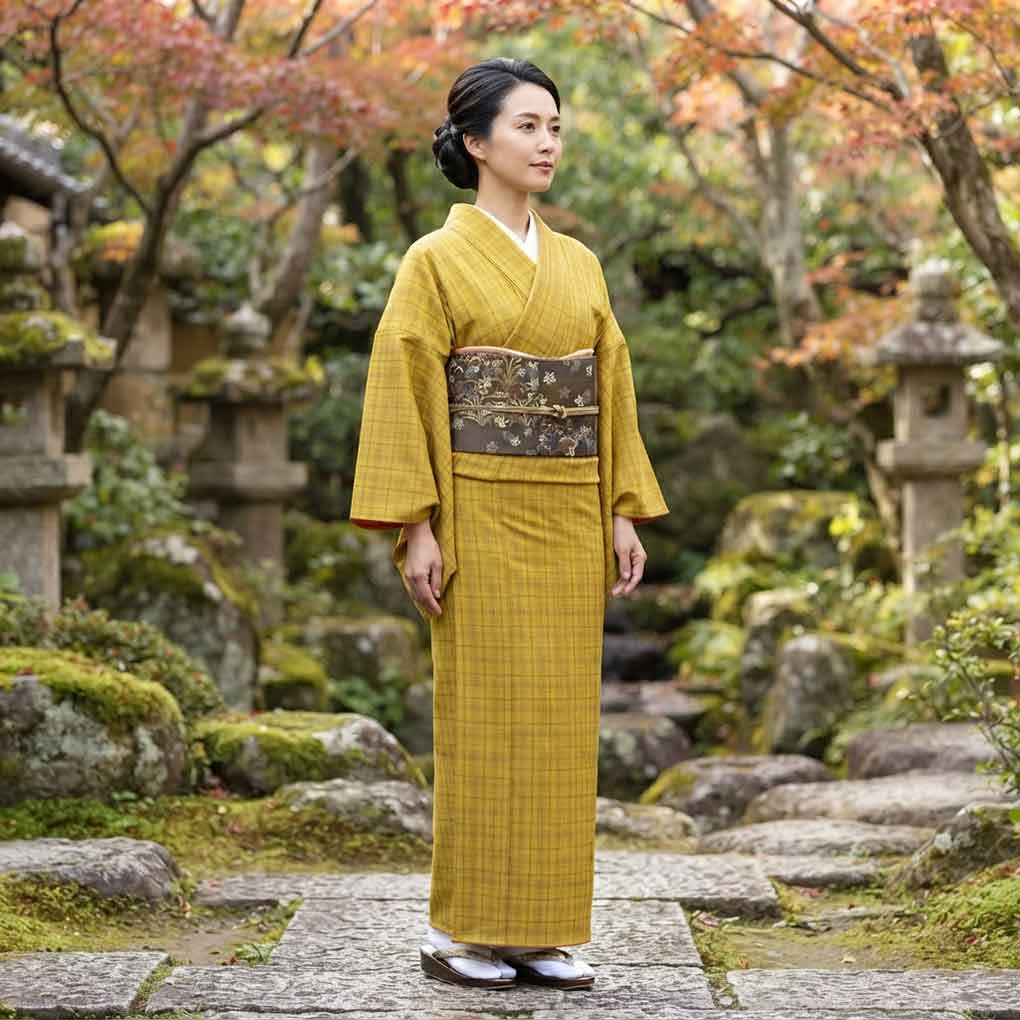 紬 リサイクル着物 身丈160cm 裄63cm 前幅23cm 後幅29cm 袖丈49cm 袖幅32cm レディース 袷 格子 裄Mサイズ 秋冬春用 正絹(シルク)イエロー 未使用品 リメイク リユース【ランクS】