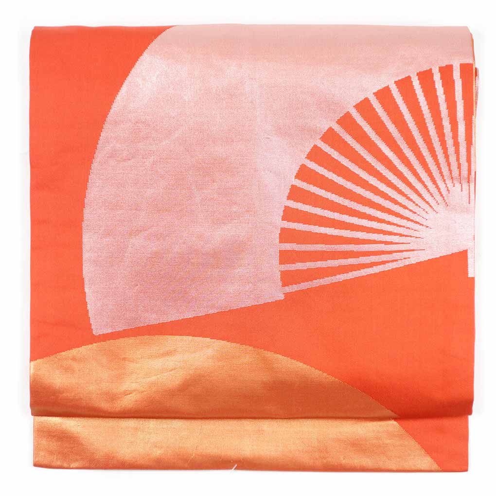 名古屋帯 リサイクル帯 幅31cm 長さ362cm レディース 扇面 秋冬春用 正絹（シルク）オレンジ 美品 リメイク リユース【ランクA】