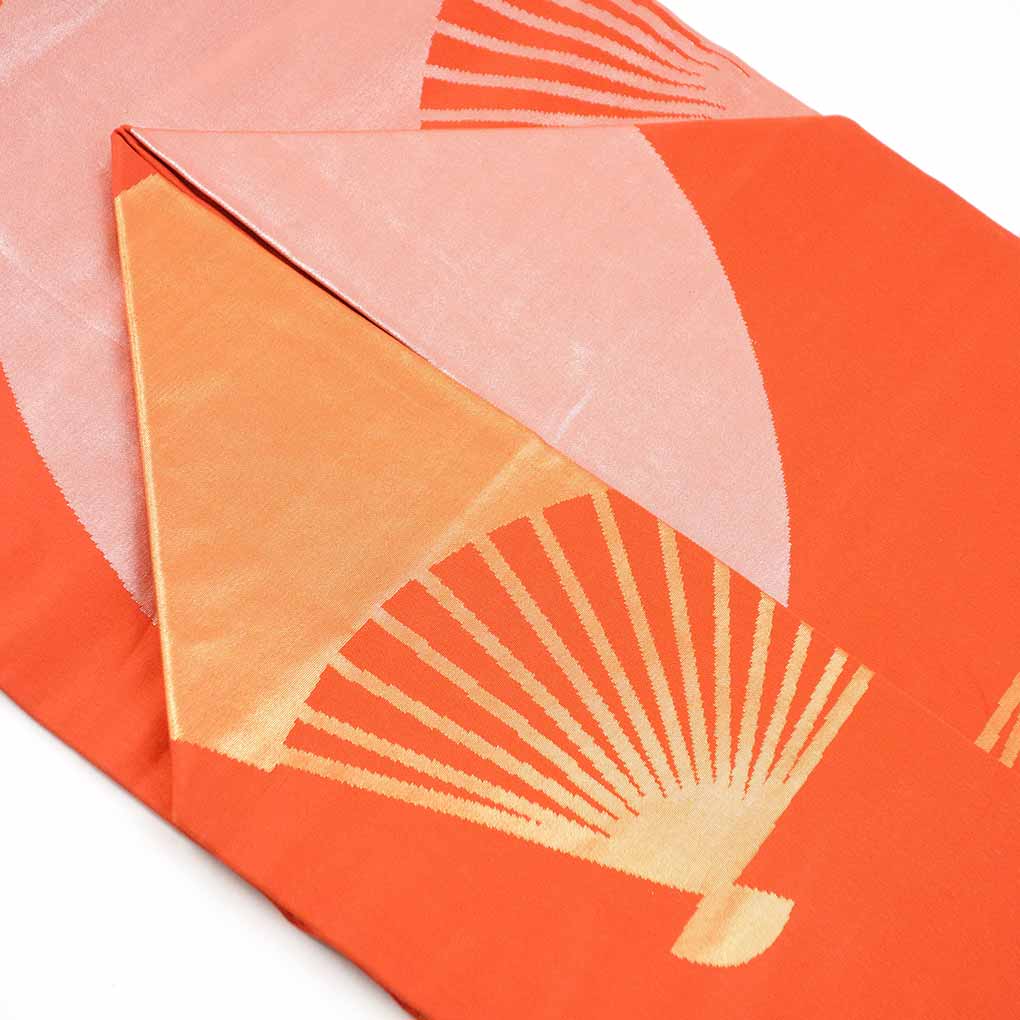 名古屋帯 リサイクル帯 幅31cm 長さ362cm レディース 扇面 秋冬春用 正絹（シルク）オレンジ 美品 リメイク リユース【ランクA】