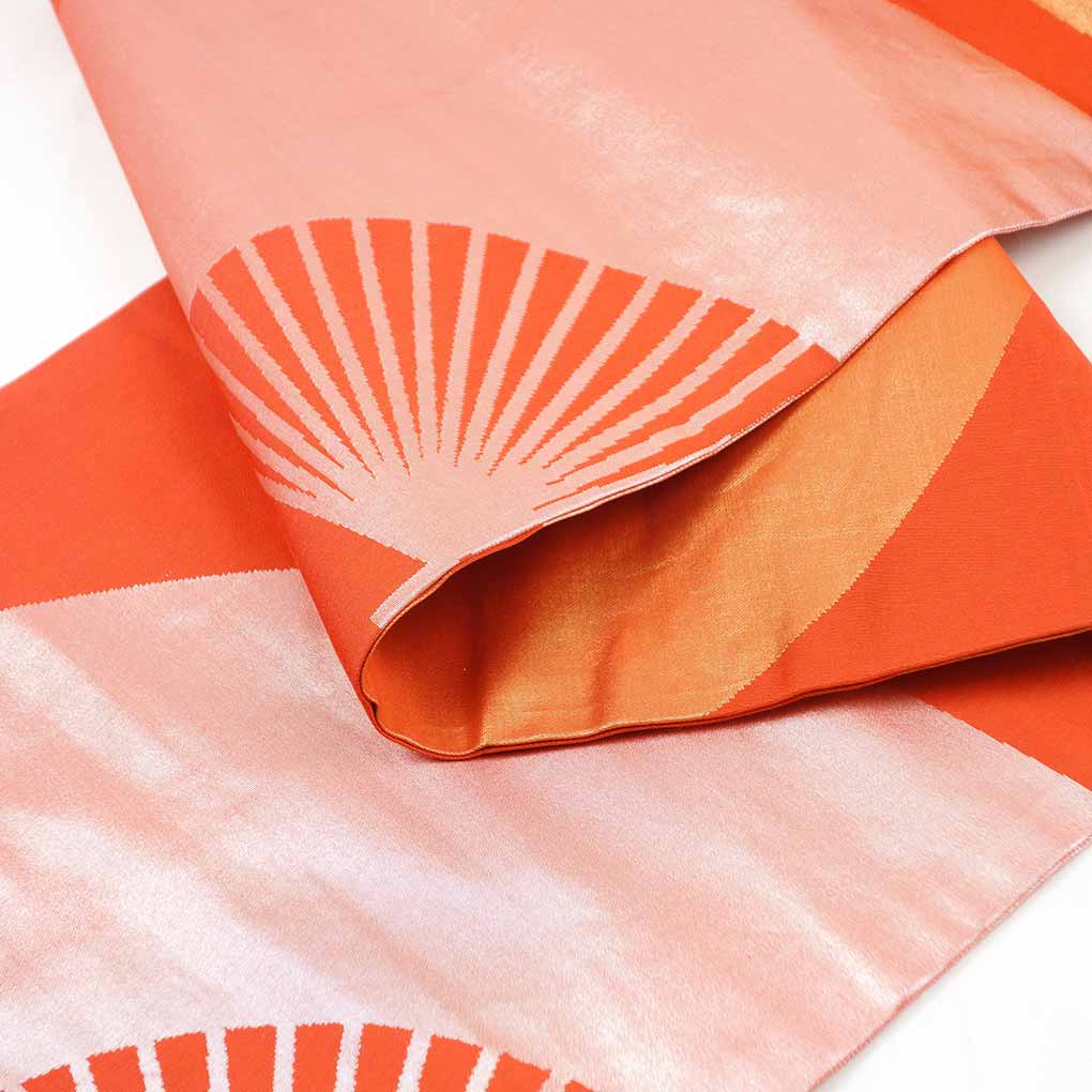 名古屋帯 リサイクル帯 幅31cm 長さ362cm レディース 扇面 秋冬春用 正絹（シルク）オレンジ 美品 リメイク リユース【ランクA】