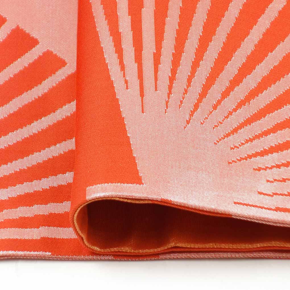 名古屋帯 リサイクル帯 幅31cm 長さ362cm レディース 扇面 秋冬春用 正絹（シルク）オレンジ 美品 リメイク リユース【ランクA】