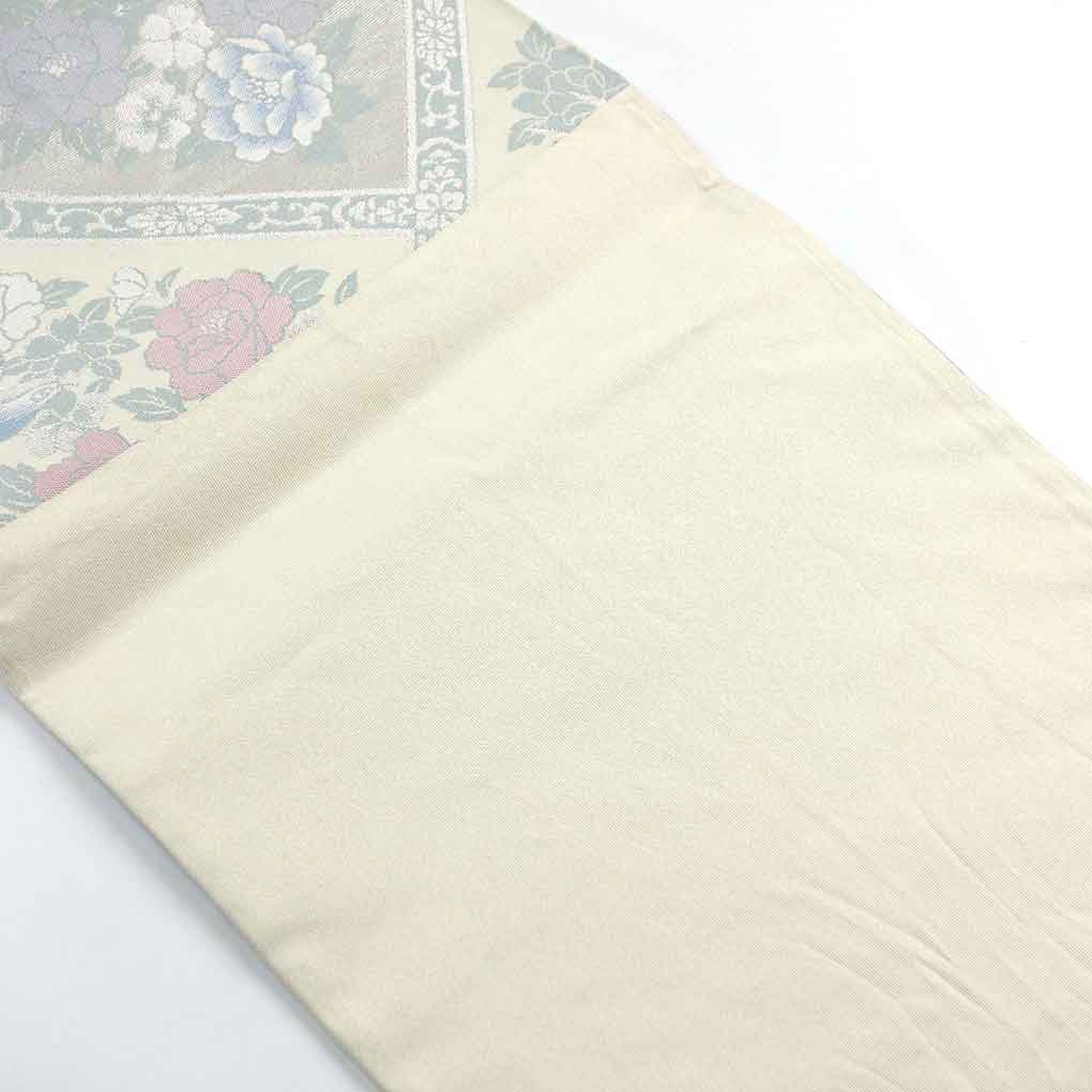 袋帯 リサイクル帯 幅30.5cm 長さ432cm レディース 花柄 秋冬春用 正絹（シルク）ホワイト 美品 リメイク リユース【ランクA】