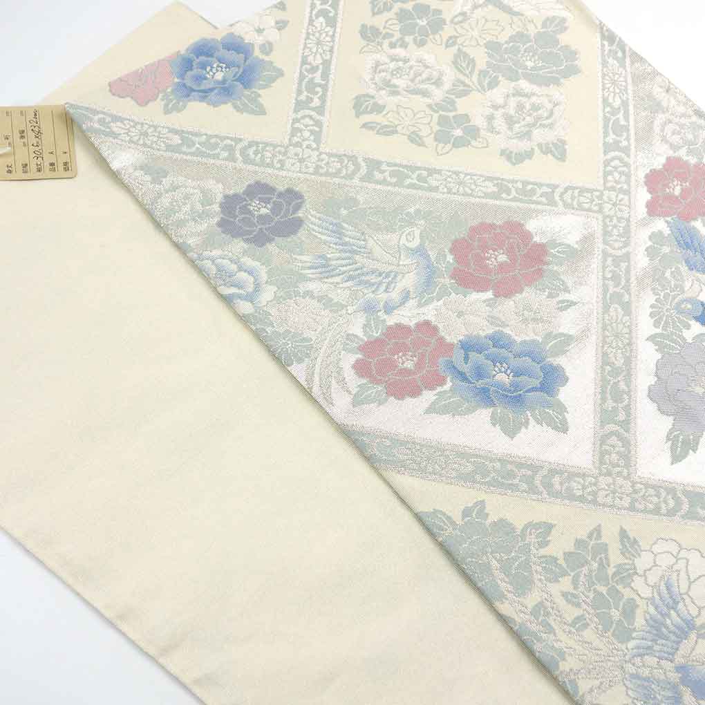 袋帯 リサイクル帯 幅30.5cm 長さ432cm レディース 花柄 秋冬春用 正絹（シルク）ホワイト 美品 リメイク リユース【ランクA】