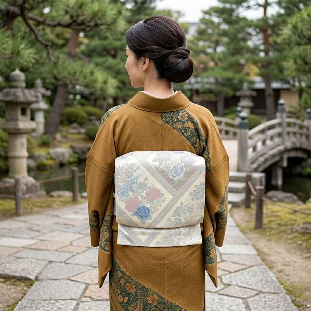 袋帯 リサイクル帯 幅30.5cm 長さ432cm レディース 花柄 秋冬春用 正絹（シルク）ホワイト 美品 リメイク リユース【ランクA】