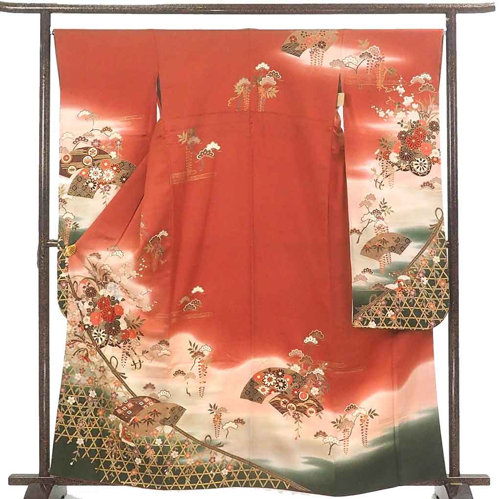 振袖 リサイクル着物 身丈163cm 裄66cm 前幅24cm 後幅30cm 袖丈103cm 袖幅34cm レディース 袷 扇面 裄長 裄M-Lサイズ 秋冬春用 正絹（シルク）ブラウン 美品 リメイク リユース【ランクA】