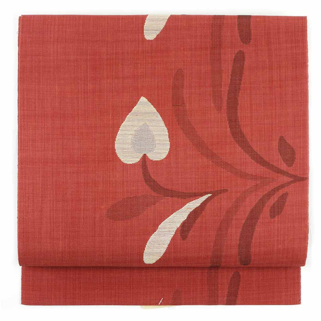 名古屋帯 リサイクル帯 幅30.5cm 長さ361cm レディース 抽象柄 夏用 正絹(シルク)レッド やや難 リメイク リユース【ランクB】